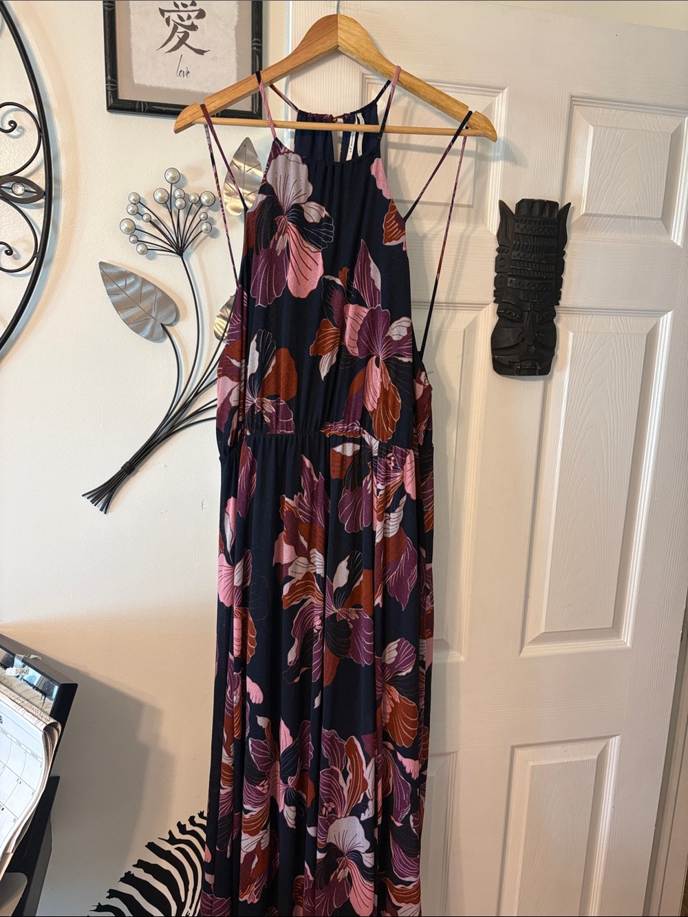 Anthropologie Navy Halter Maxi Dress with Pink & Rust Floral